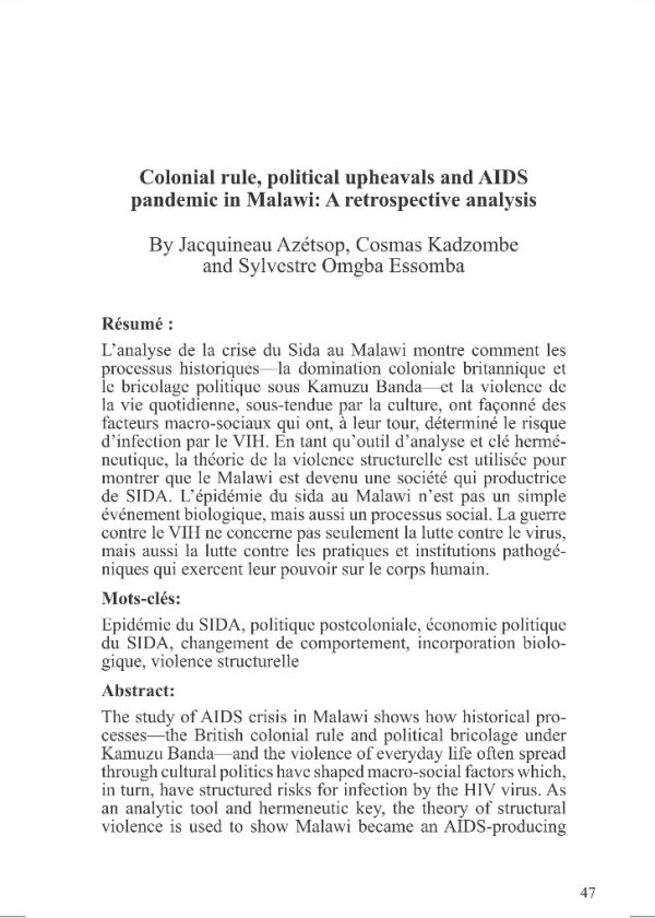 Colonial rule, political upheavals and AIDS pandemic in Malawi: A retrospective analysis​